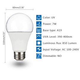 FAGUANGAO LED Black Light Bulb,7W(60Watt Equivalent) A19 UV Blacklight Bulb,120V,UVA Level 390-400nm,E26 Medium Base,Glow in The Dark for Blacklight Party,Fluorescent Poster,Body Paint(6 Pack)