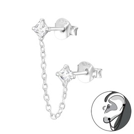 Bungsa Women's Double Stud Earrings with Crystal and Chain Made of .925 Sterling Silver - Single Stud Earrings, Sterling Silver, Cubic Zirconia