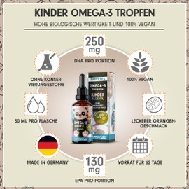 Omega-3 Vegan für KINDER (50 ml) - DHA & EPA - Omega-3-Algenöl mit 250 mg DHA und 130 mg EPA pro Tag - leckerer Orangen-Geschmack - laborgeprüft mit Zertifikat - Vorrat für 62 Tage - 100% vegan