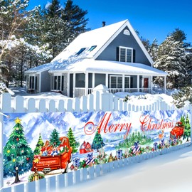 Christmas Red Truck Decorations Outdoor Yard Fence Banner Sign, Merry Christmas Red Car Xmas Tree Yard Fence Banner Watercolor Vintage Backdrop Winter Rustic Indoor Outside Year Party Decor 9.8x1.6ft