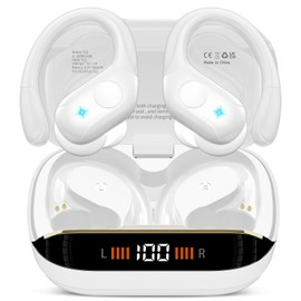 Wireless Earbuds, 75H Bluetooth 5.4 Headphones, Sport Wireless Earphones with 4 ENC Mic, Stereo Bass, IP7, Bluetooth Earbuds with Earhooks for Workout/Running/Work, Dual LED Display Ear buds, White