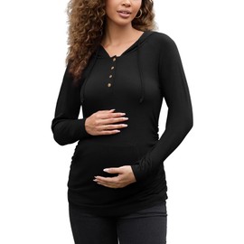 Maternity Hoodies Half Button Front Drawstring Hooded Long Sleeve Pullover Lightweight Sweatshirt with Kangaroo Pocket Black XL