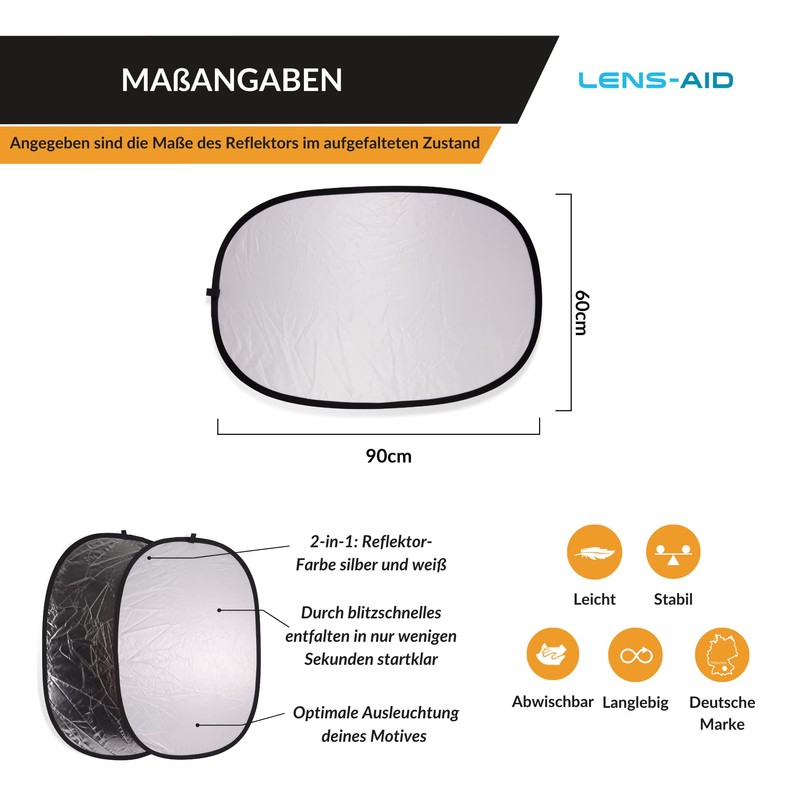 Lens-Aid 60 x 90 cm Folding Reflector 2-in-1: Foldable Photography