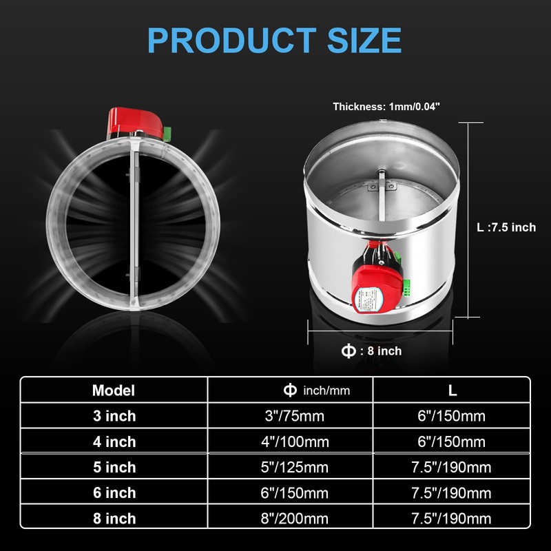ZOWZEA 8" Motorized Duct Damper,On/Off Backdraft Damper Control, Stainless Steel