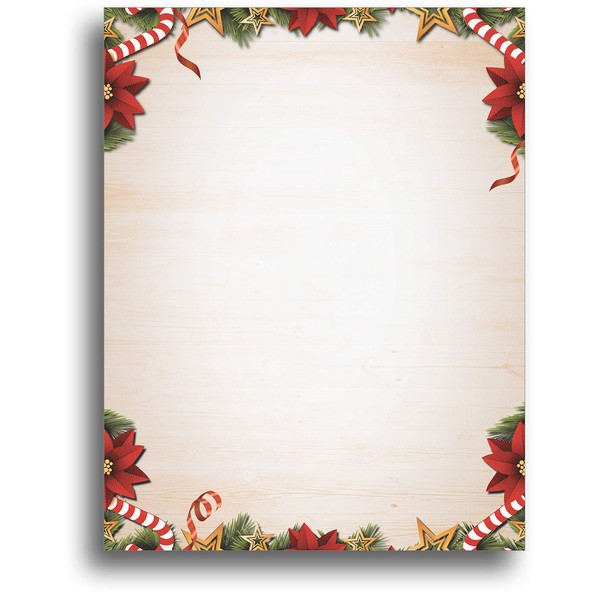 Candy Canes, Poinsettias, & Pine Christmas Stationery Paper - 80 Sheets of Holiday Letterhead - 8.5" x 11" - For Inkjet/Laser Printers