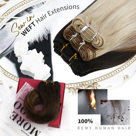 Moresoo Sew in Hair Extensions Brown Ombre Human Hair Sew in Extensions Balayage Darkest Brwon with Chestnut Brown Double Weft Hair Extensions Human Hair 14Inch 100G