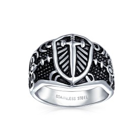 Men's Religious Viking Shield Maltase Fleur De Lis Cross Signet Band Ring for Men Oxidized Silver Tone Stainless Steel