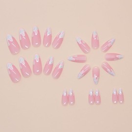 Almond Press on Nails Medium Pink Fake Nails Cute Acrylic False Nails Art Design Artificial Nails French Tips Press on Nails Stick on Nails for Women 24 Pcs Manicure Kit
