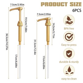 ZYEKIU Pack of 6 Dosing Pump, Syrup Dispenser, Syrup Pump Dispenser, Reusable, Dosing Pump, Pump Dispenser, Syrup Pump Dispenser for 500 ml/1000 ml Bottles, Syrup Pump Dispenser with Long Hoses (Gold)