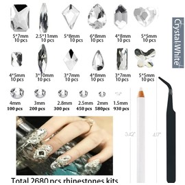 Rhinestones Nail Gems for Nail Art Glass Crystals Nail Rhinestones Shiny Multi Shape Flatback Face Gems with Rhinestones Picker and Tweezers Nail Art Tools (White)
