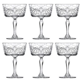 Champagne Glasses - Flute - Saucer - Belle Coupe - Set of 6 Glasses - Glass Crystal - Glass has Tattoo Design -9 oz. - by Barski - Made in Europe