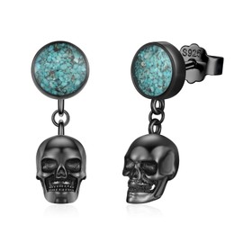 KoyeKei Black Skull Earrings 925 Sterling Silver Turquoise Skeleton Dangle Drop Earrings Punk Gothic Jewelry Christmas Gifts for Women Men