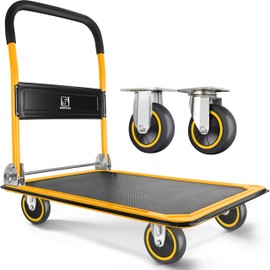 Push Cart Dolly by Wellmax, Moving Platform Hand Truck, Foldable for Easy Storage and 360 Degree Swivel Wheels with 330lb Weight Capacity, Yellow Color