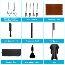 PrettyFirst Hair Cutting Scissors Kits, 13Pcs Professional Haircut Scissors Kit with with Cutting Scissors,Thinning Scissors, Comb,Cape, Clips, Black Hairdressing Shears Set for Barber, Salon, Home