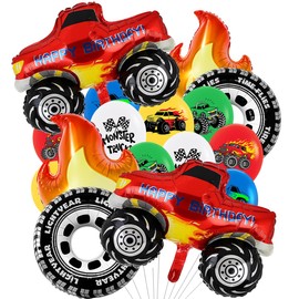 Monster Truck Theme Birthday Party Decorations Monster Truck Balloons Wheels Balloons Fire Balloons Happy Birthday Truck Shaped Balloons for Girls Boys Birthday Baby Shower Wedding Party Supplies