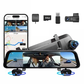 2025 Rear View Mirror Back up Camera for Cars, 4 Channel 360 Dash Cam Front and Rear Inside,12" Touch Screen,Wi-Fi,APP,GPS,Night Vision,G-Sensor, Parking Mode,Free 64GB SD