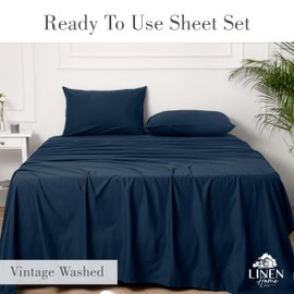 Linen Home Washed Cotton Percale Queen Sheet Set, Navy Blue, Preshrunk, 4 Pieces Sets - 1 Flat, 1 Deep Pocket Fitted Sheet & 2 Envelope Closure Pillowcases, Cool and Comfortable Bed Linen
