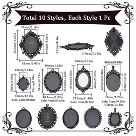SUNNYCLUE 1 Box 10 Styles Blank Pendants Tray Bezel Charms Large Black Alloy Blanks Cabochon Settings Photo Elliptical Trays Charm for Jewelry Making Crafts Necklaces Wedding Festive Decoration Gifts
