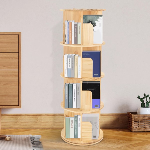 4 Tiers 360° Rotating Bookshelf Wooden Bookcase Storage Shelf Display