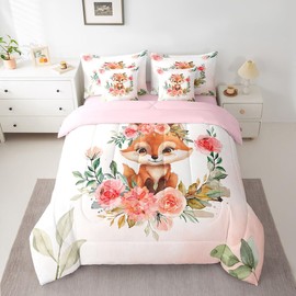 Manfei 7 Pieces Cute Fox Comforter Set Full, Watercolor Floral Bed Set for Kids Boys Girls, Cartoon Aniamls Theme Bedding(1 Comforter,1 Fitted Sheet,1 Flat Sheet,2 Pillowcases,2 Throw Pillow Cover)