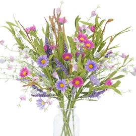 HUAESIN 8 Bundles Spring Fake Flowers Artificial Daisy Lavender Flowers Stem Picks Faux Silk Spring Flowers Fake Wildflowers Bouquet for Home Indoor Table Vase Wedding Party Decor