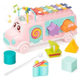 Juguetes Didácticos, Juguetes de Xilófono Educativo Estimulación Temprana, Juguetes Educativos de Aprendizaje Xilófono & Bus Clasificador de Instrumentos Musicales con Clasificador de Formas - Rosa
