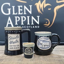 Glen Appin Stoneware Collection Set of 3 - Highland Cow Mug, Slainte Mhath Beer Mug and Thistle Shot Cup - Perfect Scottish Gift