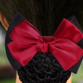 Minkissy 3Pcs Hair Snood with Flower Clip, Bowknot Mesh Bun Cover and Headdress for Women and Girls - Office and Casual Wear - Red