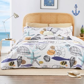 Love's cabin King Size Quilt Bedding Set Conch White Bedspreads - Summer Beach Nautical Quilt Lightweight Bedspread- Reversible Bedding Coverlet for All Season - 3 Piece (1 Quilt, 2 Pillow Shams)