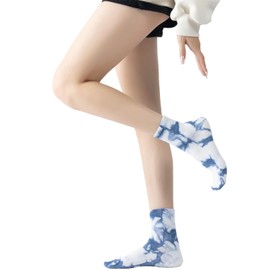 Yoga Pilates Socks with Grips for Women Non Slip Colorful Tie Dye Cushioned Crew Socks for Barre Ballet Dance (Navy Blue)