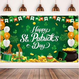 Bonieset St. Patrick's Day Backdrop, Polyester, 72.8 x 43.3 Inch, Lucky Coins Shamrock Design, Includes 5m Rope