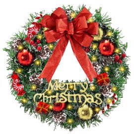 JEDWKFA Christmas Wreath 31 cm, Door Wreath Christmas, LED Wreath Christmas, Artificial Advent Wreath, Christmas Decoration Door, Decorated with Red Berries and Pine Cones, Christmas Wreath