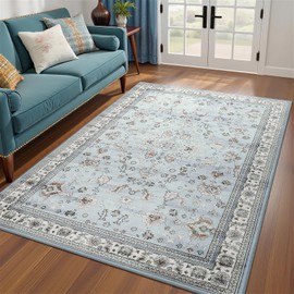 Flagover 4x6 Light Blue Washable Boho Area Rug for Living Room, Vintage Floral Non Slip Bedroom Rugs, Wool Low Pile Indoor Mat, Aesthetic Pattern Carpet for Kitchen, Office and Bedside
