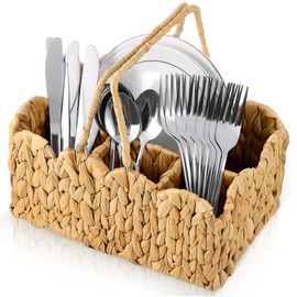 ZUNKNOD Wicker Utensil Caddy Basket, Flatware Silverware Holder, Utensil Holder for Party, Hand Woven Divided Cutlery Basket Water Hyacinth Kitchen Organizer Storage with Handle for Countertop