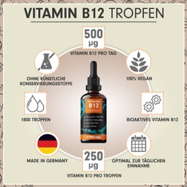 Vitamin B12 Drops - 3 x 1800 Drops (3 x 50 ml) - Bioactive Methylcobalamin B12 - Optimal High Dose with 500 mcg B12 - No Preservatives or Alcohol - 100% Vegan - Laboratory Tested with Certificate
