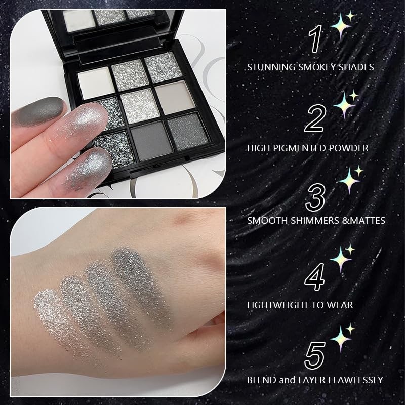 Punk Smoke Glitter Eyeshadow 9 Colors, Palette Shadow Pigment, Gray