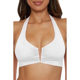 BECCA Women's Standard Color Code V-Wire Shirred Bikini Top, Adjustable, Tie Back, Swimwear Separates, White, Small
