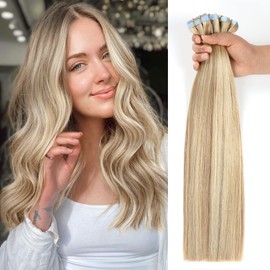 JESSBO Tape in Hair Extensions Human Hair Ash Blonde Highlighted Bleach Blonde 24 inch 20pcs 50g/pack Straight Seamless Skin Weft 100% Real Human Hair (24 Inch #P18/613 Ash Blonde Highlighted Bleach Blonde)