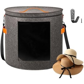 Oversized Hat Storage Box for Women & Men，19" D x 17" H Cowboy Hat Boxes with 1 Wood Hook Felt travel Round Hat Organizer Box with Dustproof Lid