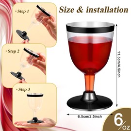 Jingmore 50 Pcs Plastic Wine Glasses Disposable 6 oz Rimmed Wine Cups with Stem Clear Toasting Glasses for Cocktail Champagne Parties Wedding Graduation Birthday Bachelor Party (Black)