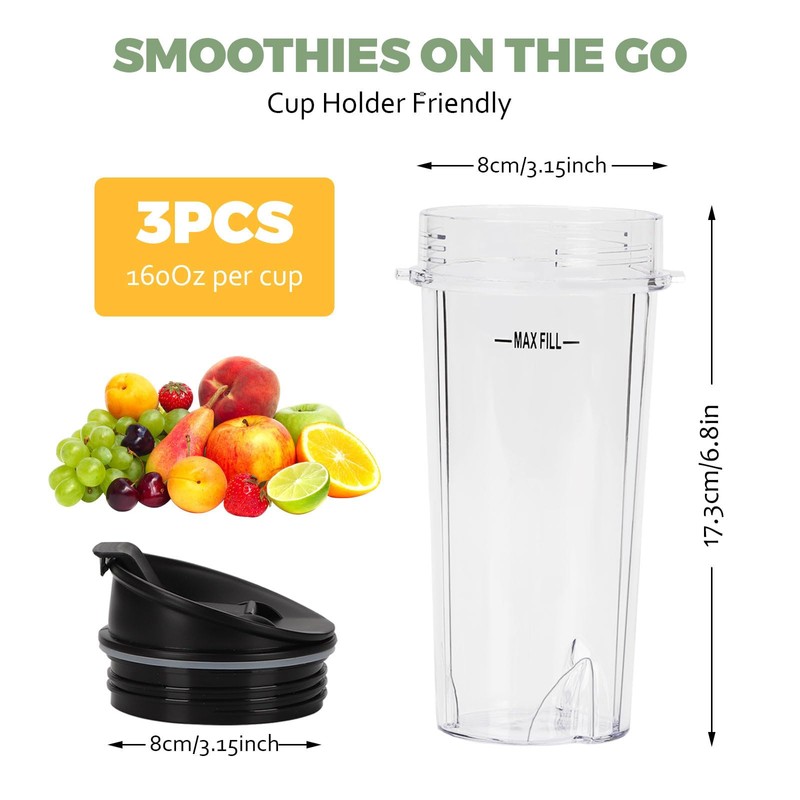3 Pcs Ninja Blender Cups Replacement 16oz Cups with Seal