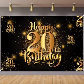 Happy 20th Birthday Backdrop Banner Step and Repeat 20 Years Old Background Decorations for Women Men Her Him Photography Party Supplies Glitter Black Gold (1)
