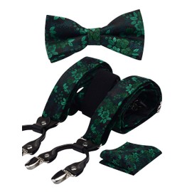 GUSLESON Mens Suspenders with Clips Green Flora Pre-Tied Adjustable Bow tie Pocket Square Set(0102-10)