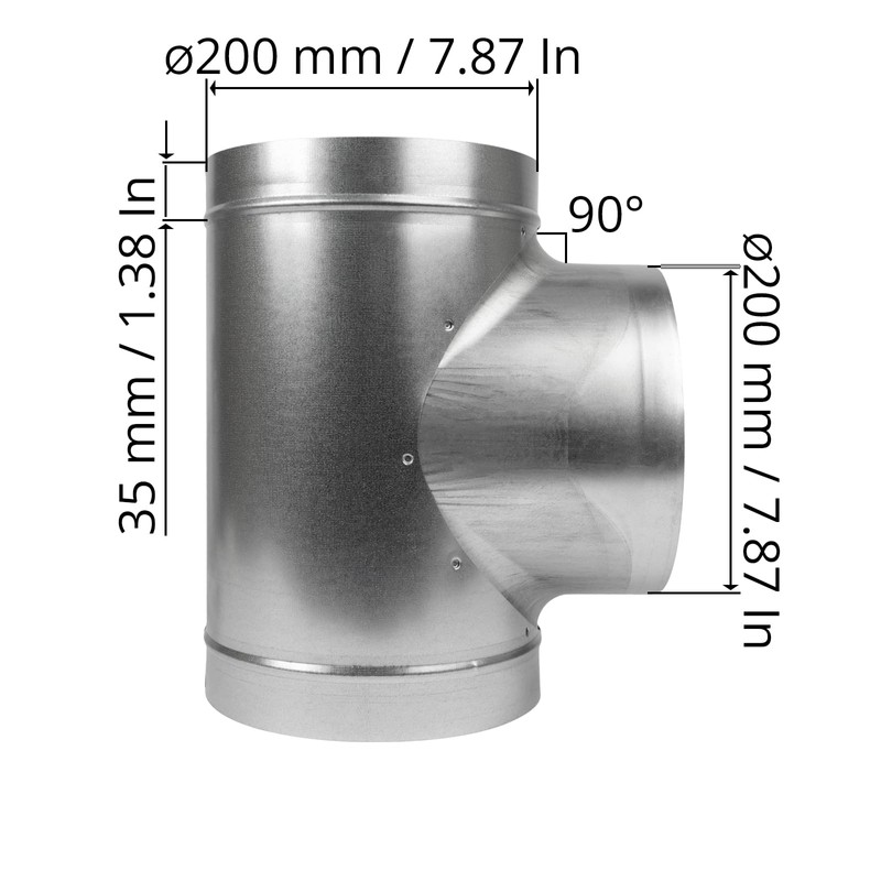 8" Inch T-Shape Ducting Splitter - 90 Degree Galvanized Steel