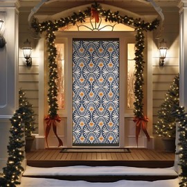 Likjad Art Deco Sunset and Leaves Door Cover Decorations, Retro Boho Navy Blue and Gold Door Covers Banners Photography Background Backdrop for Door Wall Porch Indoor Outdoor Decoration, 35 * 79 Inch