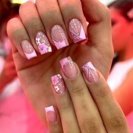 Light Pink Press on Nails Medium Square Fake Nails Pink Glitter French Tip Acrylic Nails Glossy Glue on Nails Cute False Nails with Flower Lines Dots Designs Spring Stick on Nails for Women 24Pcs