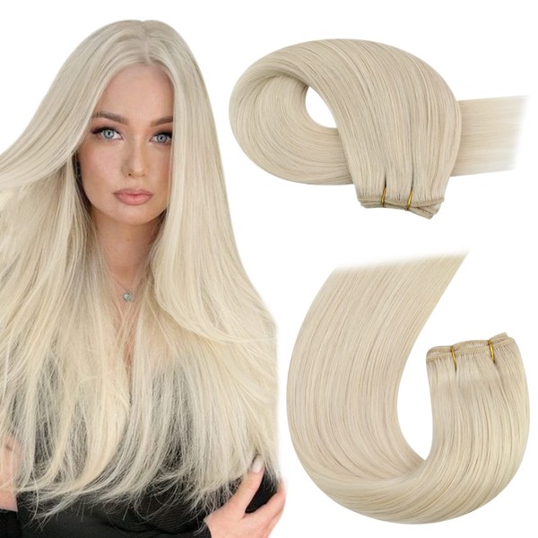 Moresoo 60 cm Hair Extensions Real Hair Wefts for Sew-In Platinum Blonde Remy Weft Extensions Real Hair Silky Straight Long Hair Extensions 100 g / Pack #60