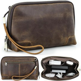 CataPurus Electronic Organizer Zipper Bag Tech Pouch, Top Grain Leather Handmade, Portable Compact Travel Storage Cases Fits Apple Accessories, Phone, USB Cables, Power Banks, Chargers, Hard Drive