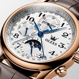 OLEVS Watch for Men Automatic Multi Calendar Moonphase with 3ATM Waterproof Leather Strap Business Classic Luxury Wrist Watch Gold&White