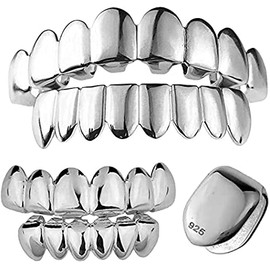 Solid 925 Sterling Silver Grillz - BEST 6 Or 8 Tooth Or Single Caps/Top & Bottom Grills For Teeth - Real Solid Silver Fronts Don't Change Color (Single Tooth)